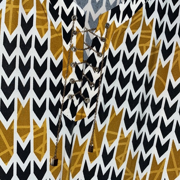 •HAANI•NWT WOMENS IVORY, BLACK & GOLD BOHO TRIBAL ARROW PRINT MIDI DRESS SIZE 2X - Picture 7 of 9